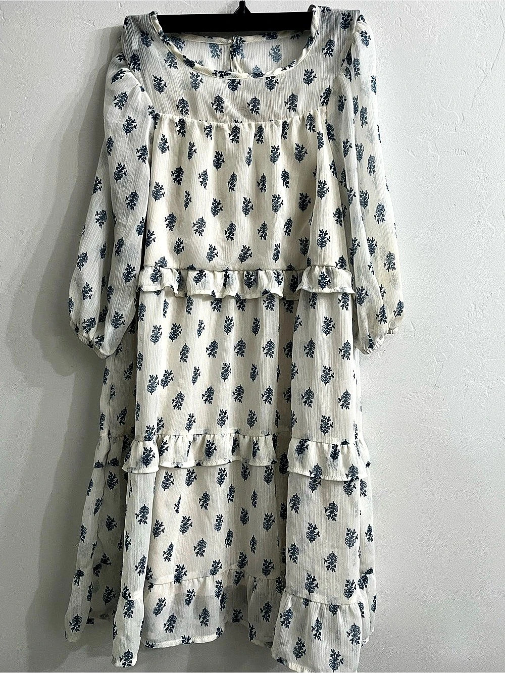 Wonder Nation Girls Tiered Dress with Long Sleeves Floral Dress White & Blue XL